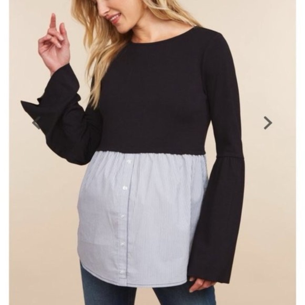 Motherhood Maternity Navy Blue Bell Sleeve Stripe Linen Faux Button Down Blouse